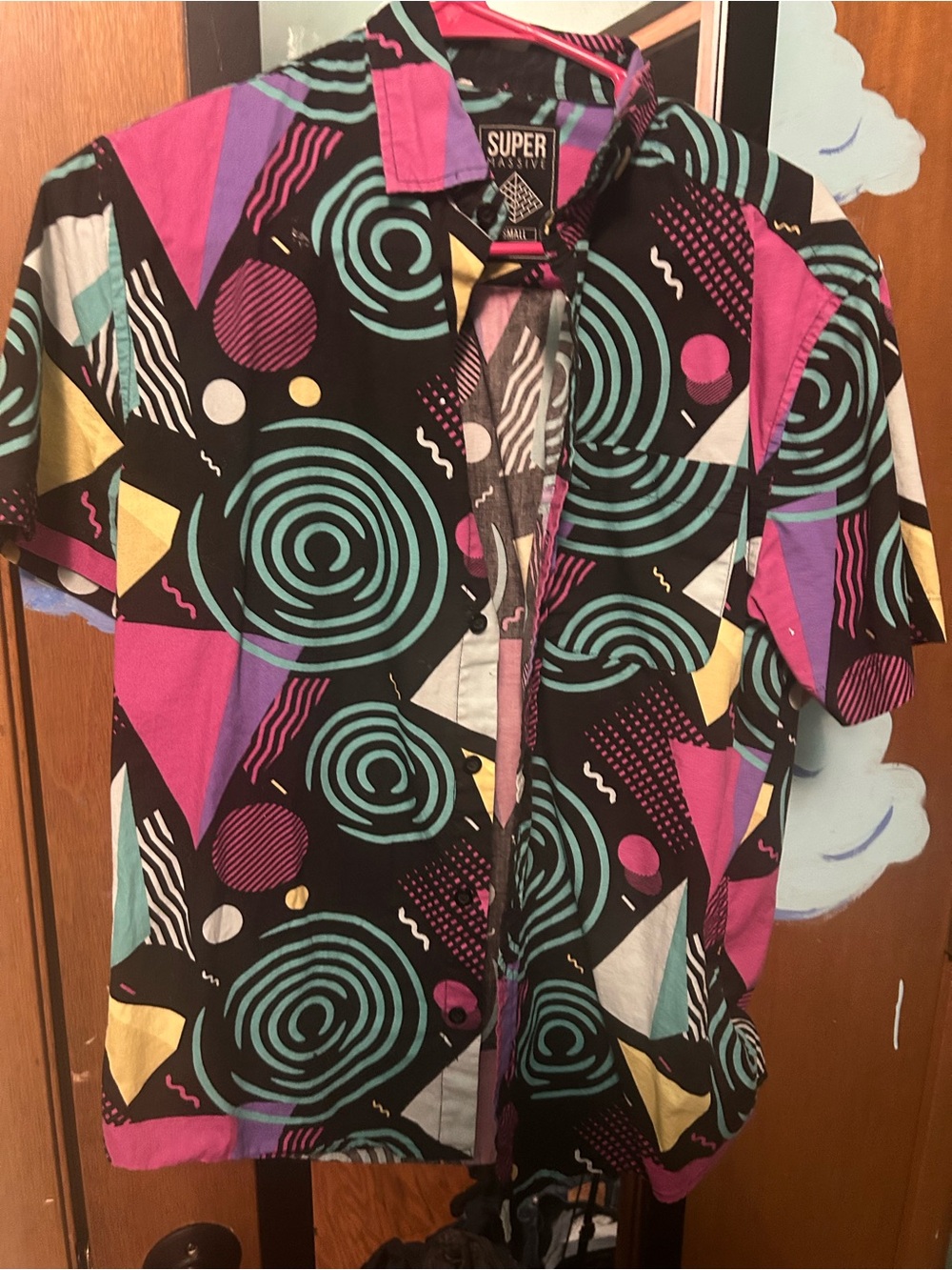 Super Gear Men's Short-Sleeve Button Shirt - Black with Teal, Purple & Pink